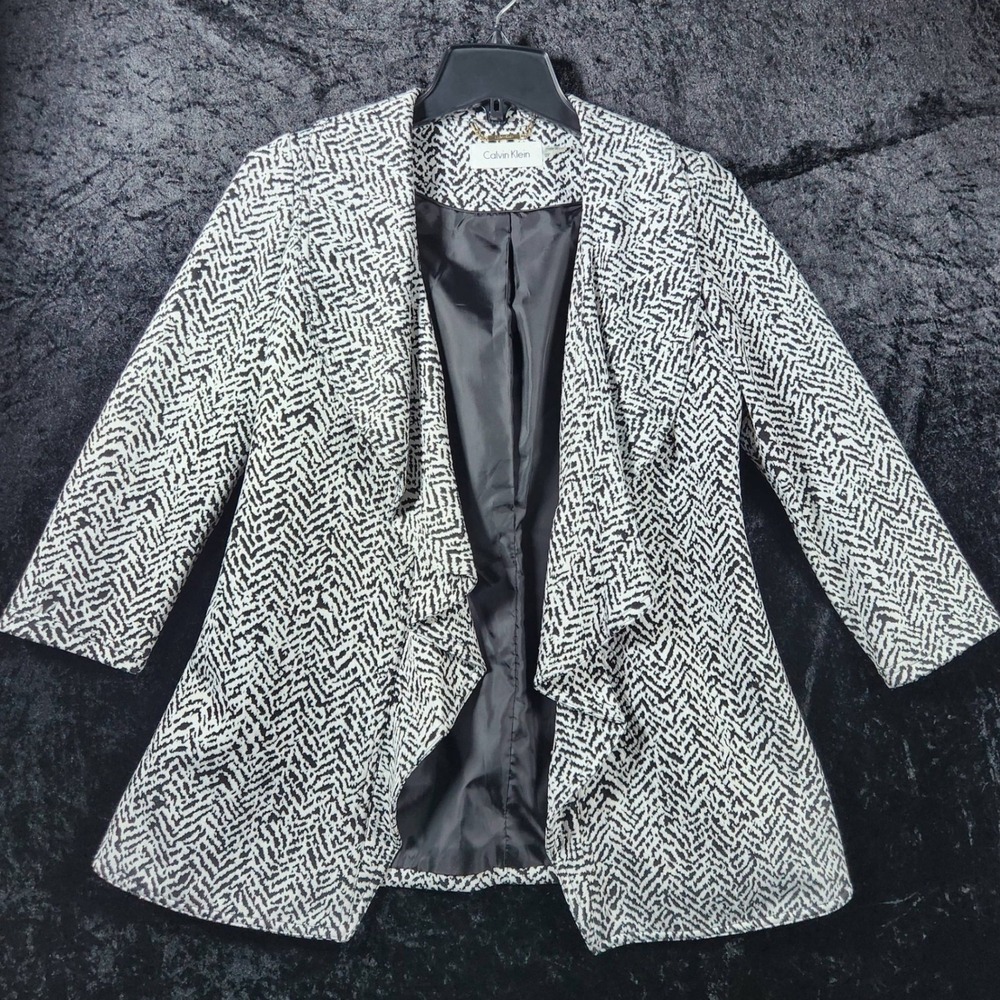 Calvin Klein Womens 2P Black White Abstract Geometric Open Front Draped Blazer - Picture 2 of 6